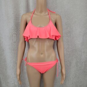 Victoria's Secret Coral Ruffled Flounce Bikini Tie Side Matching Set Ruffle